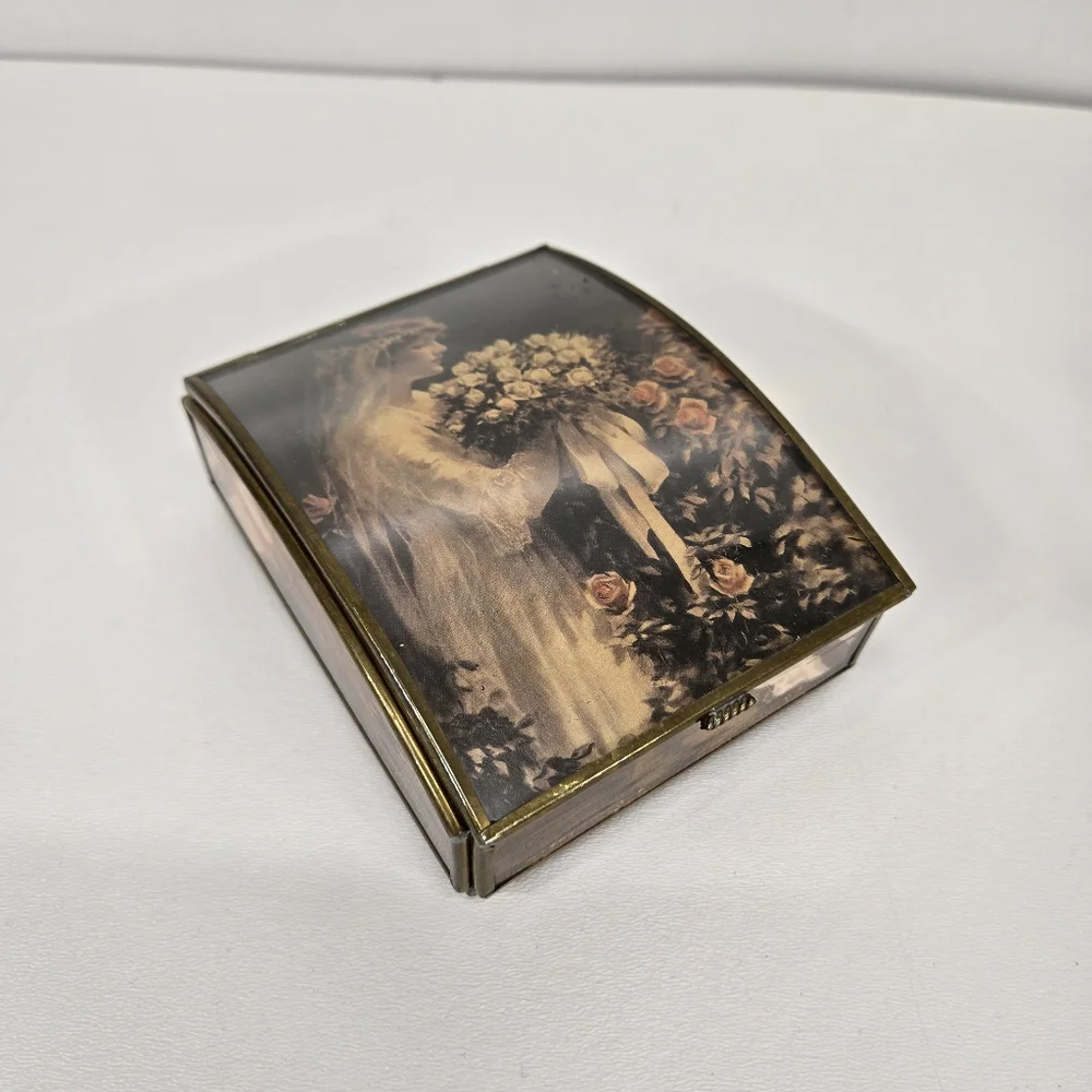VTG Enesco Bride‎ Brass Trinket Box Hand Crafted Glass Made In MEXICO MCM